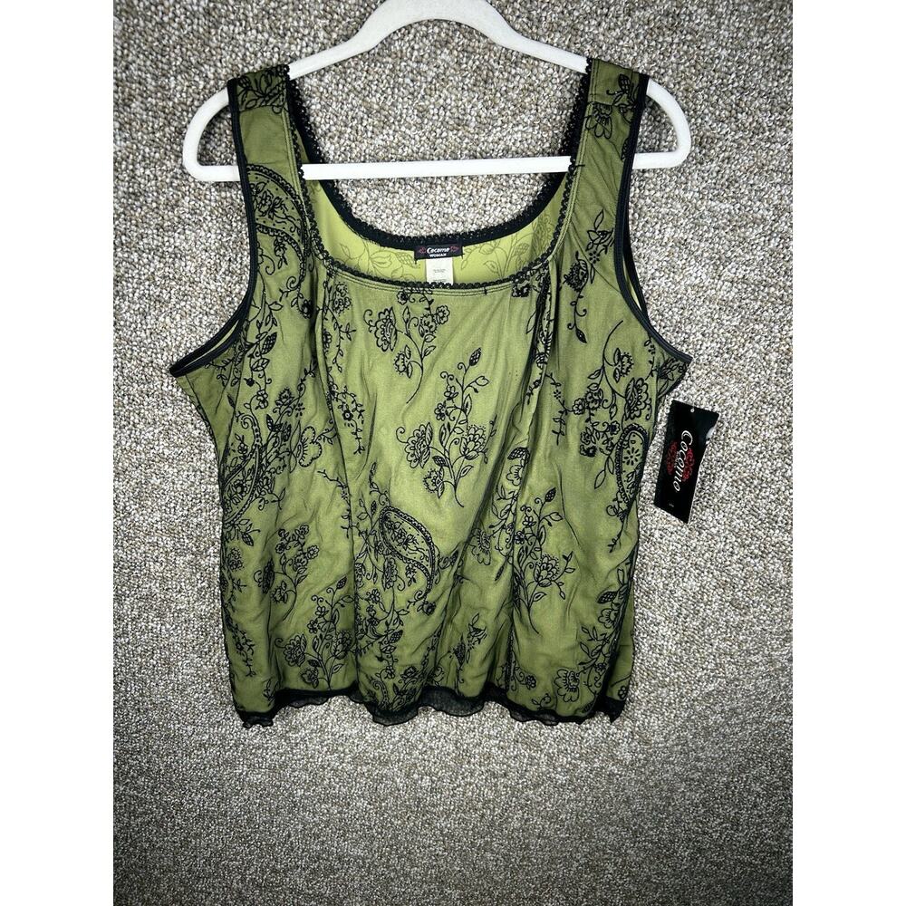 Y2k Green Mesh Overlay Embroidered Lace Tank 3X Whimsigoth Fairy Deadstock